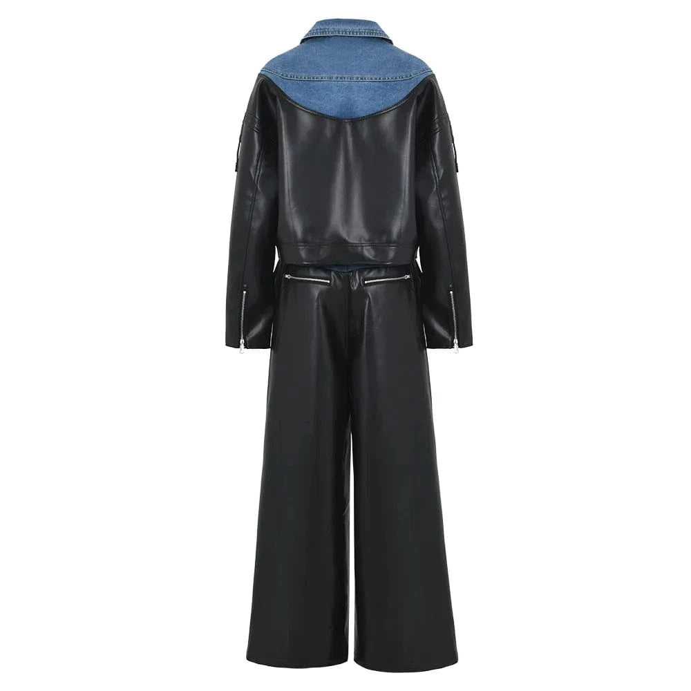 Streetwear Lady Patchwork Motorcycle Denim PU Leather Jacket Wide Leg Pants Matching 2 Two Piece Women's Sets