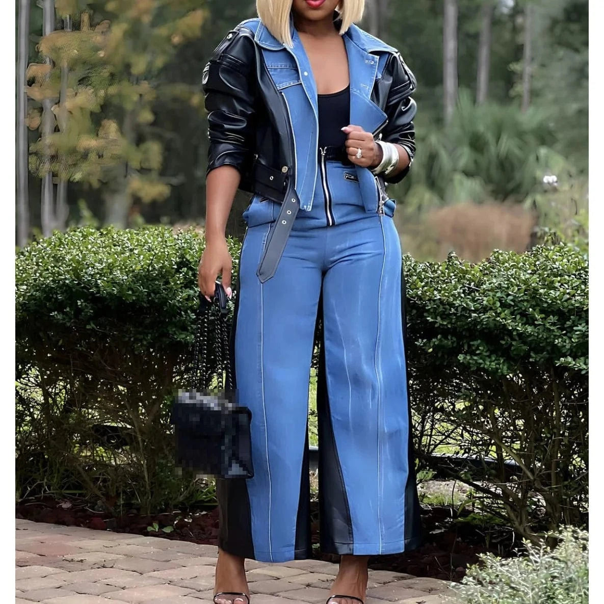 Streetwear Lady Patchwork Motorcycle Denim PU Leather Jacket Wide Leg Pants Matching 2 Two Piece Women's Sets