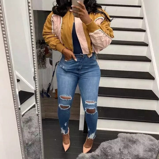 Streetwear patchwork pleated ladies cropped coats fall 2022 women long sleeve motorcycle bomber jacket