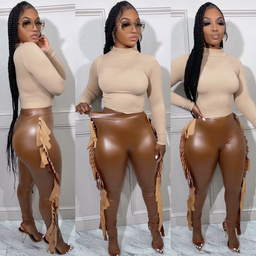 Stretch PU Pants Women Clothing Fall &winter High Waist PU Trousers&Pants with Tassel for Y2K Women Sexy Pants