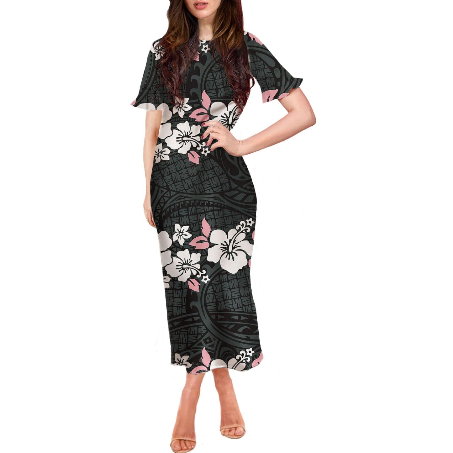 Stretchy Women Sexy Dresses Samoan Polynesian Print Summer Customize Dresses Ruffle Short Sleeve Casual Long Womens Party Dress