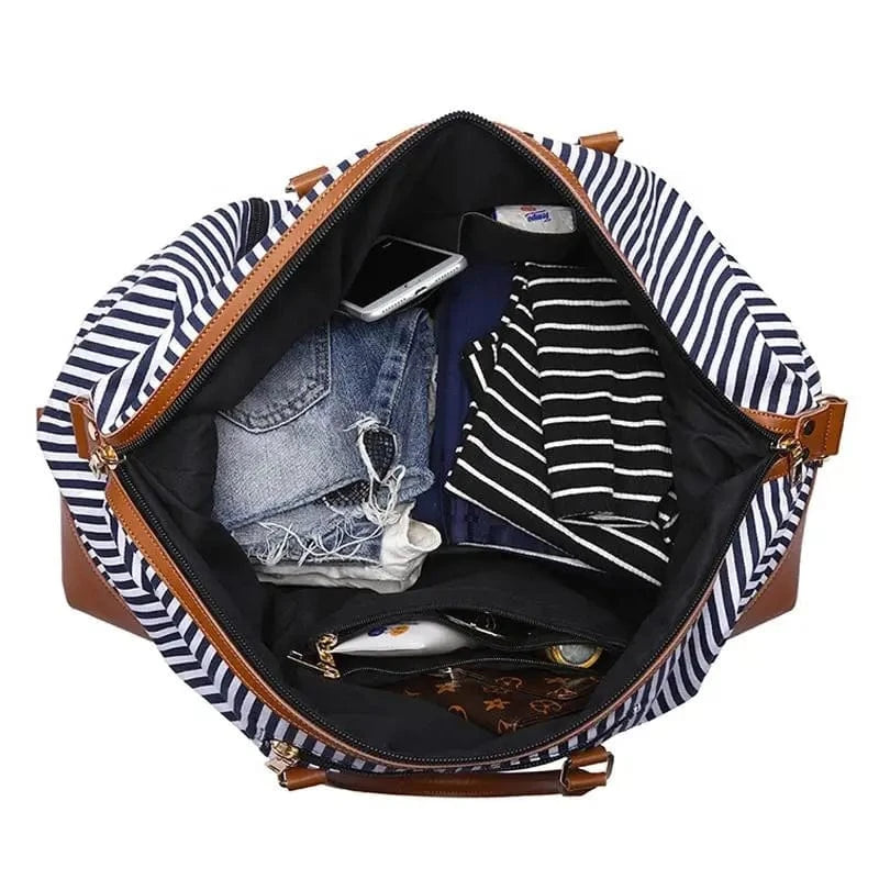 stripe Overnight Carry On Travel Luggage Cabin Bags Set With Toiletry Makeup Bag Canvas Tote Duffel Bag