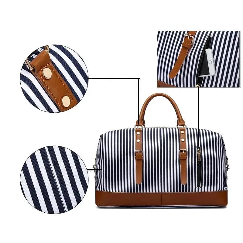 stripe Overnight Carry On Travel Luggage Cabin Bags Set With Toiletry Makeup Bag Canvas Tote Duffel Bag