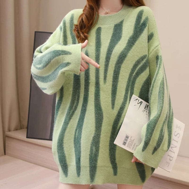 Stripe Sweater Women Pullover Sweet Knit Casual Jumper Print Knitwear Loose Long Sleeve Sueter De Mujer