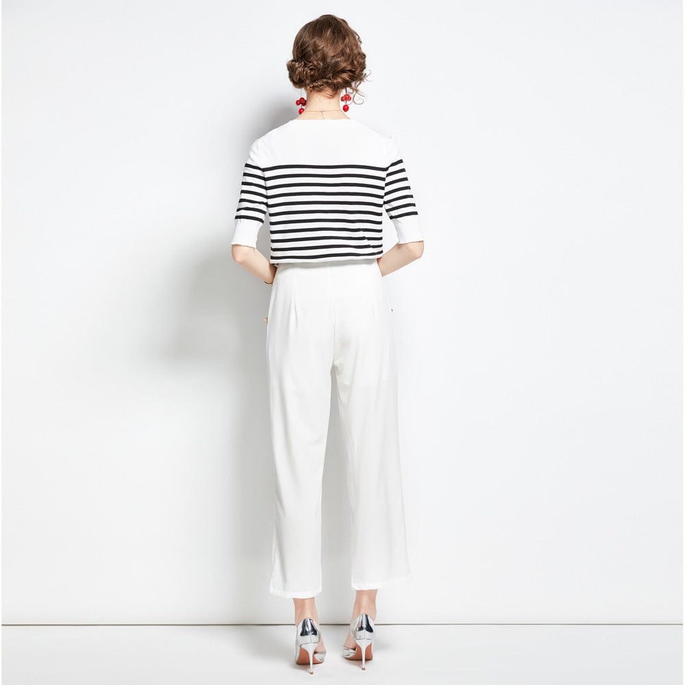 Striped knitted top + white nine-point pendant wide-leg pants two-piece suit HJW9840068