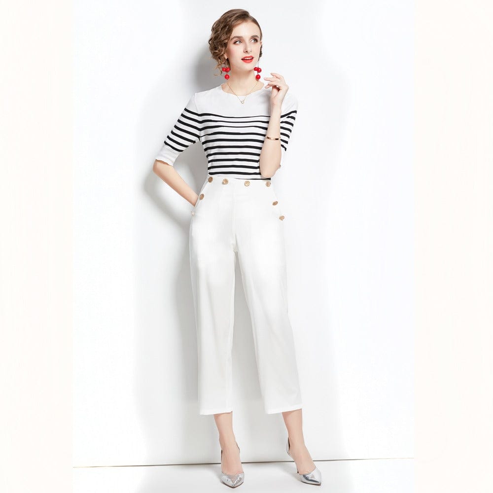 Striped knitted top + white nine-point pendant wide-leg pants two-piece suit HJW9840068