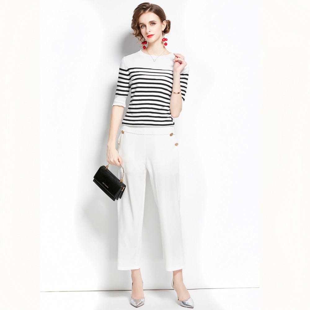 Striped knitted top + white nine-point pendant wide-leg pants two-piece suit HJW9840068