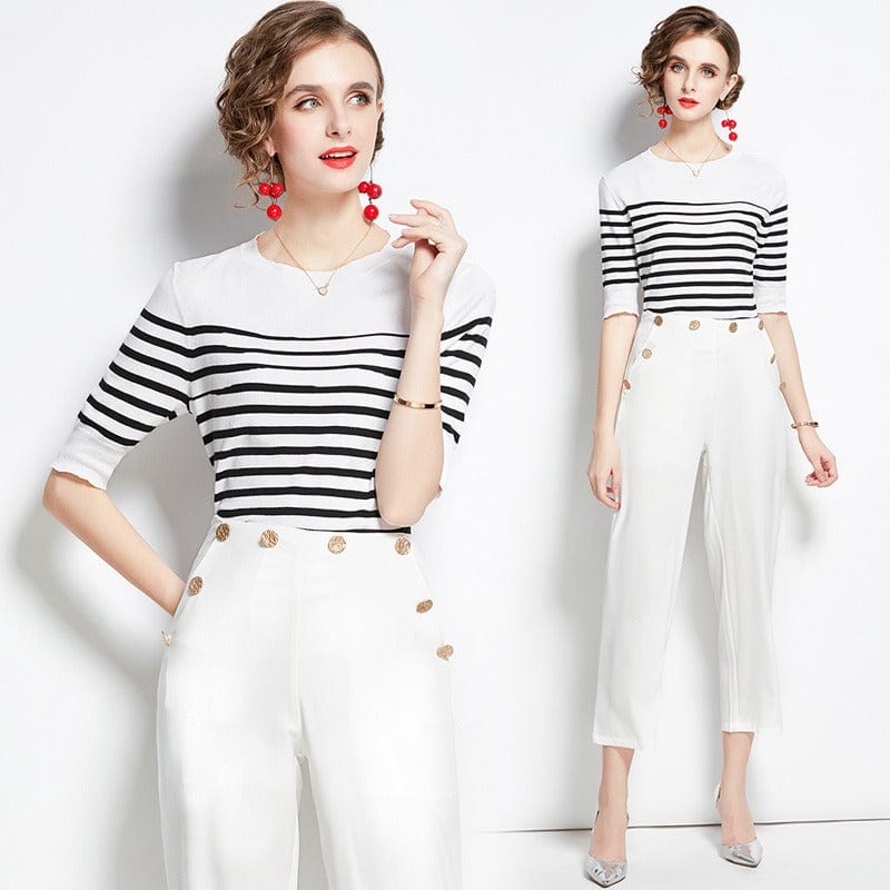 Striped knitted top + white nine-point pendant wide-leg pants two-piece suit HJW9840068
