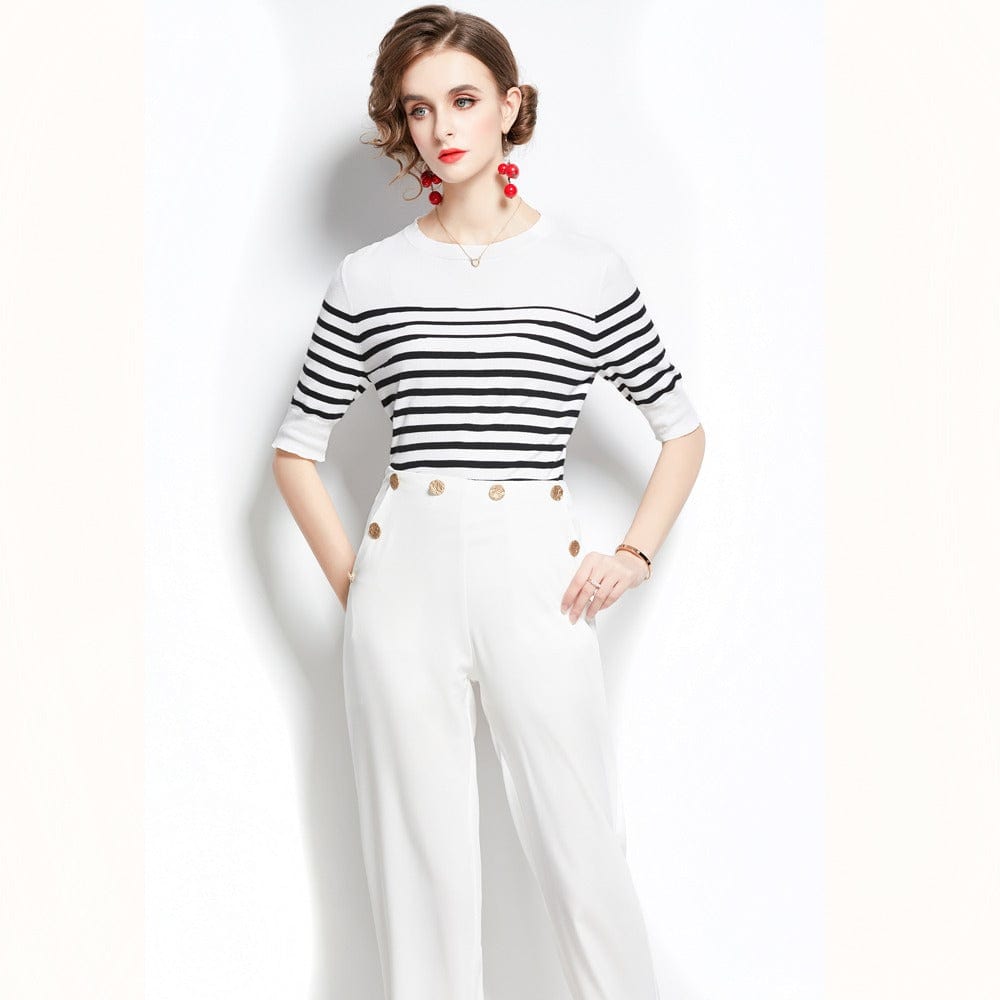 Striped knitted top + white nine-point pendant wide-leg pants two-piece suit HJW9840068