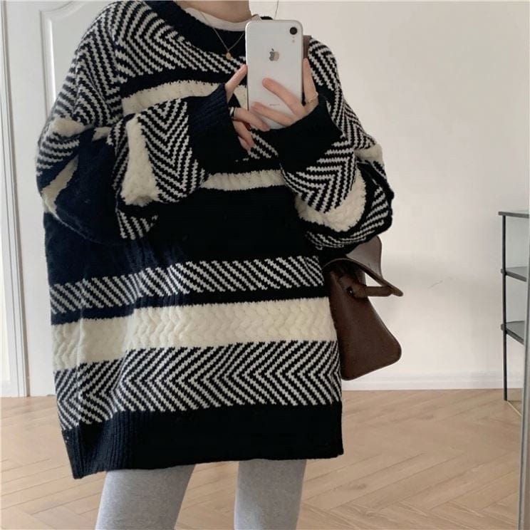 Striped Sweater For Women Loose Pullover Lazy Outer Wear Slimming Knitted Top Early Autumn