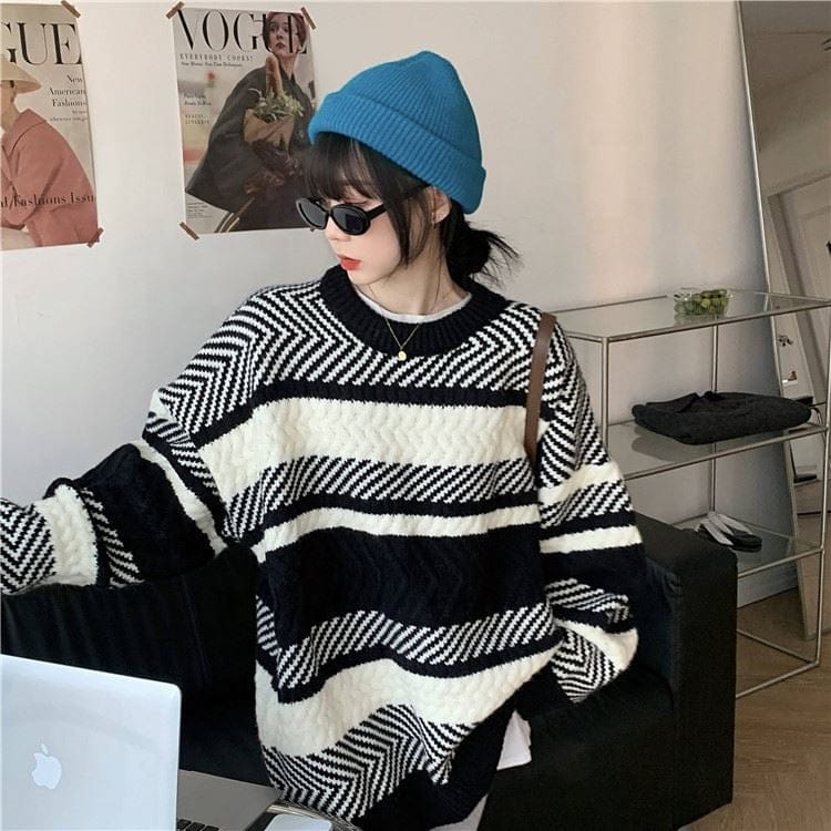 Striped Sweater For Women Loose Pullover Lazy Outer Wear Slimming Knitted Top Early Autumn