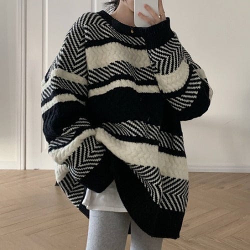 Striped Sweater For Women Loose Pullover Lazy Outer Wear Slimming Knitted Top Early Autumn