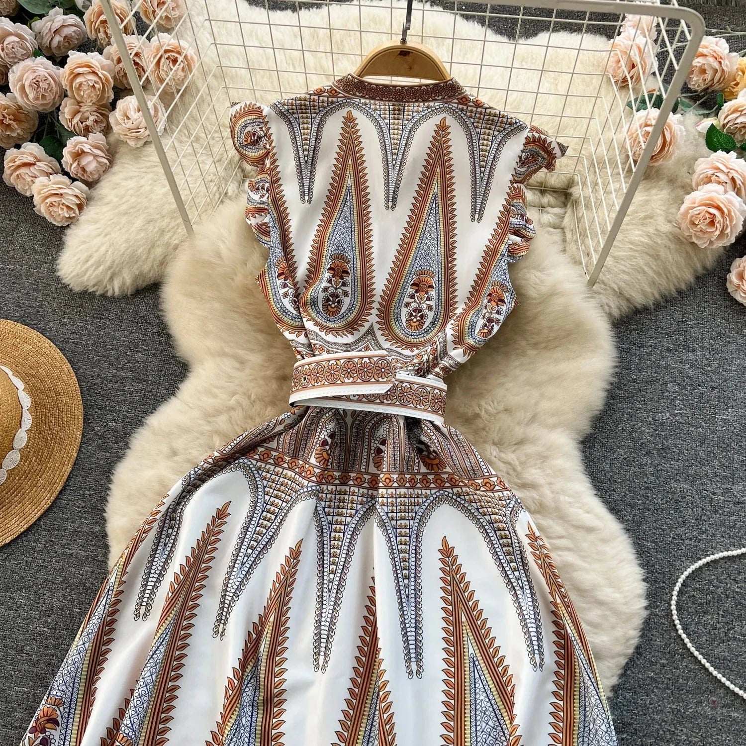 Style Dress Spring Women Design Sense Of Printed Temperament V-Neck Breasted Slim-Fit Long Holiday Dress