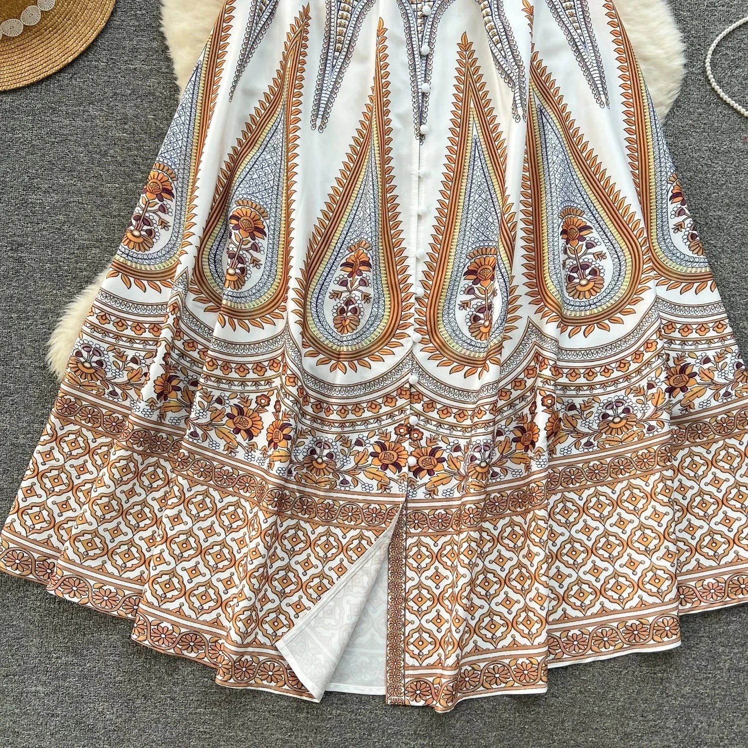 Style Dress Spring Women Design Sense Of Printed Temperament V-Neck Breasted Slim-Fit Long Holiday Dress