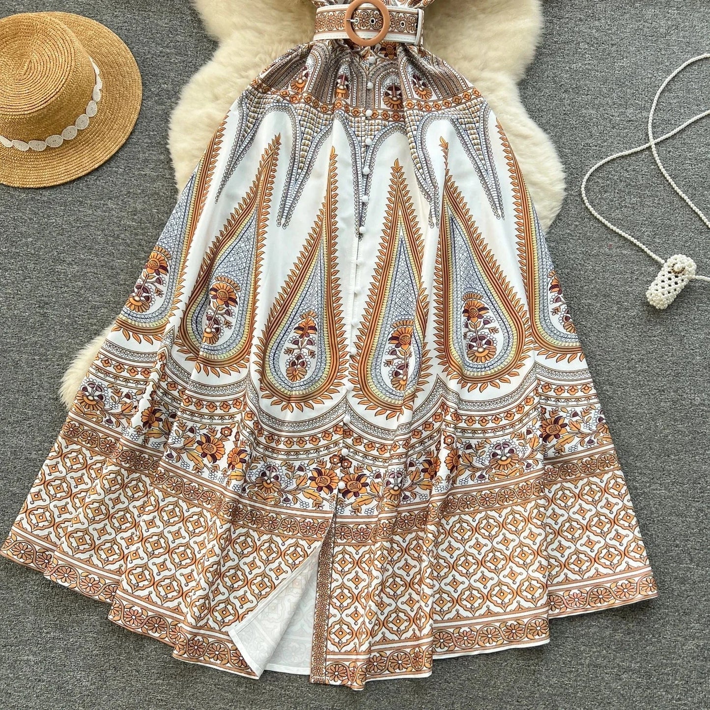 Style Dress Spring Women Design Sense Of Printed Temperament V-Neck Breasted Slim-Fit Long Holiday Dress