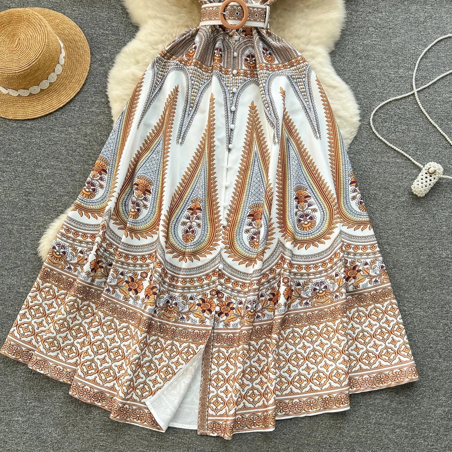 Style Dress Spring Women Design Sense Of Printed Temperament V-Neck Breasted Slim-Fit Long Holiday Dress