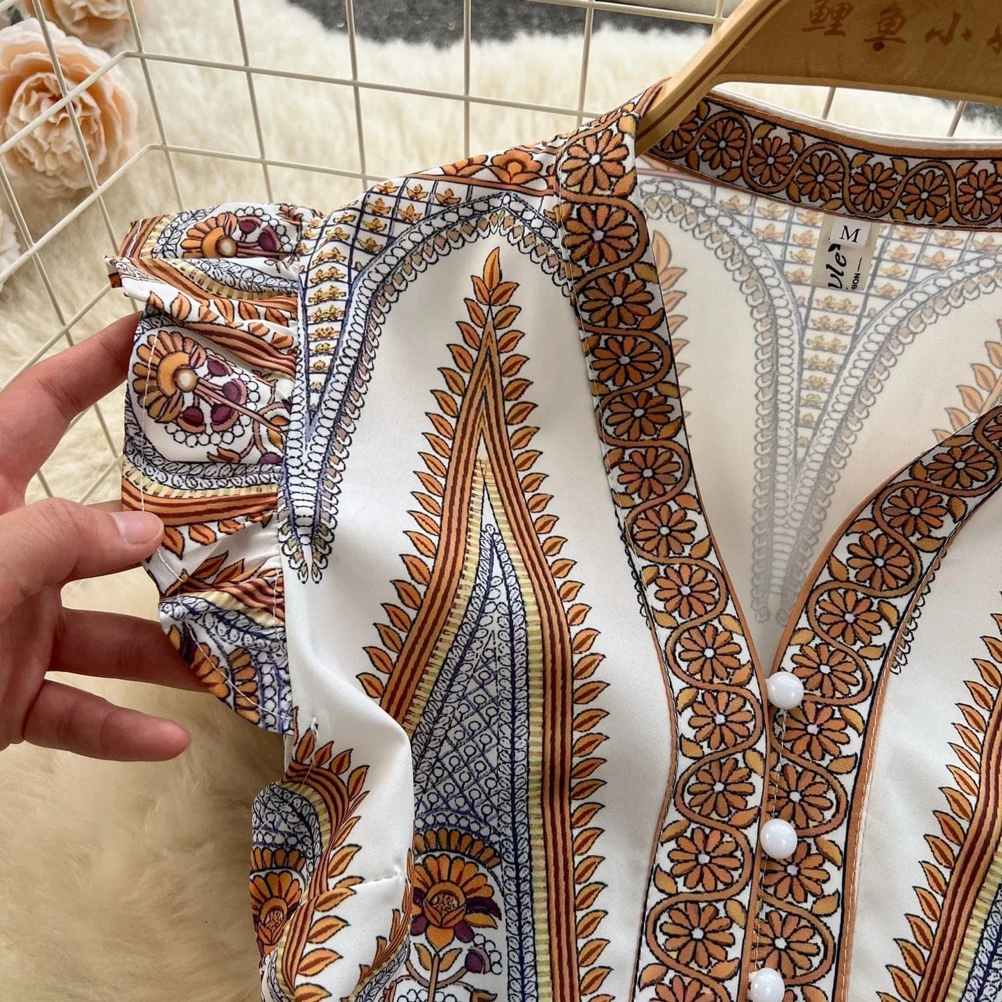 Style Dress Spring Women Design Sense Of Printed Temperament V-Neck Breasted Slim-Fit Long Holiday Dress
