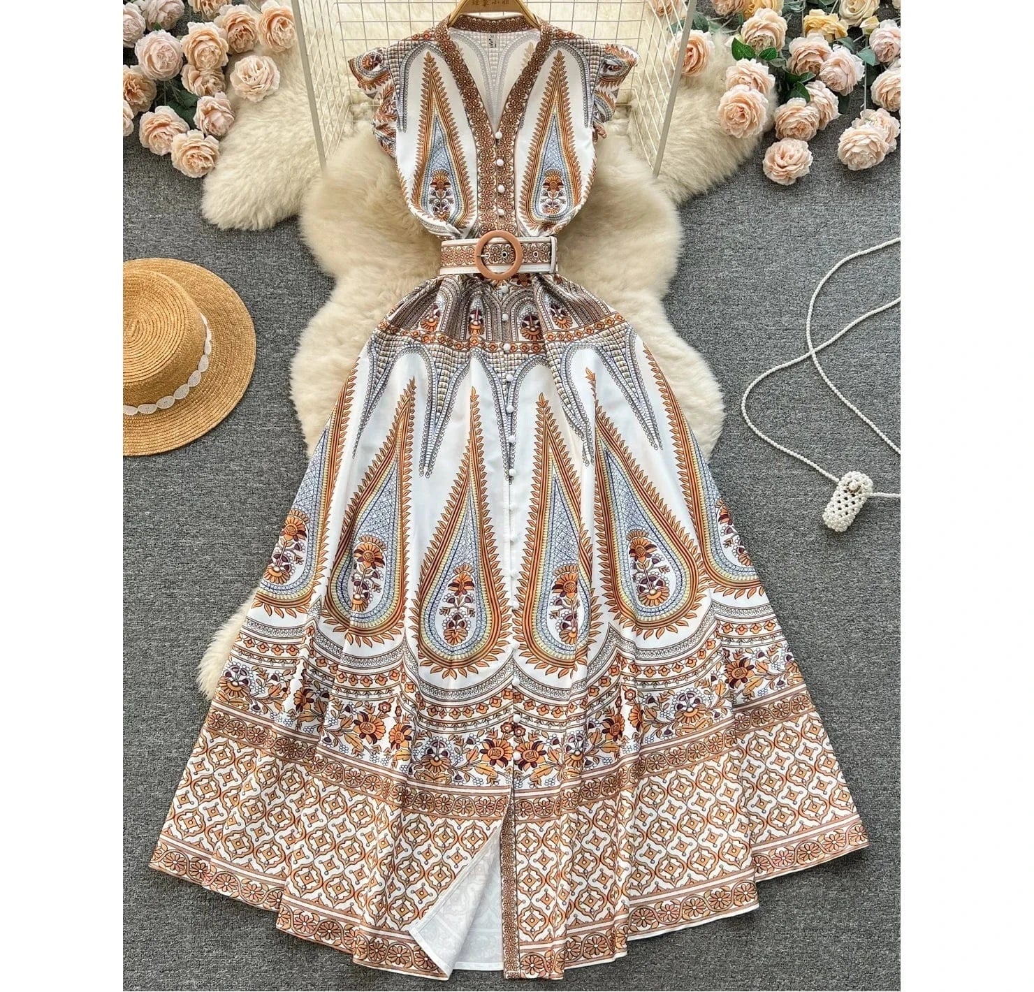Style Dress Spring Women Design Sense Of Printed Temperament V-Neck Breasted Slim-Fit Long Holiday Dress