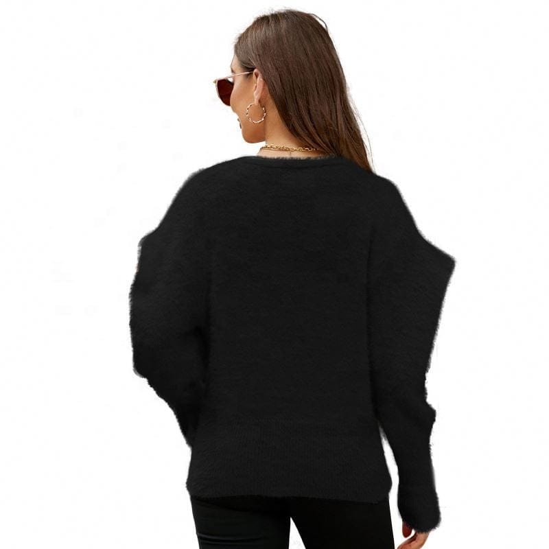 Style Top Solid Color Loose Sweater Coat Graceful Puff Sleeve V-Neck Knitted Cardigan