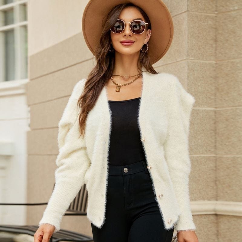 Style Top Solid Color Loose Sweater Coat Graceful Puff Sleeve V-Neck Knitted Cardigan