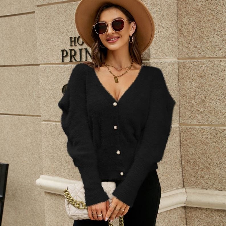 Style Top Solid Color Loose Sweater Coat Graceful Puff Sleeve V-Neck Knitted Cardigan
