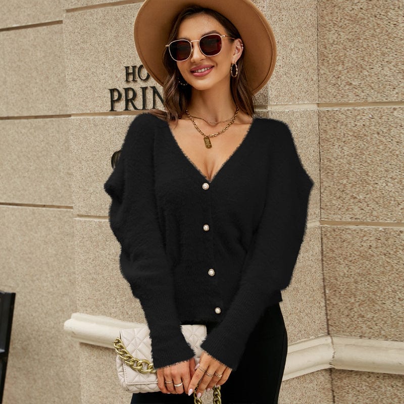 Style Top Solid Color Loose Sweater Coat Graceful Puff Sleeve V-Neck Knitted Cardigan