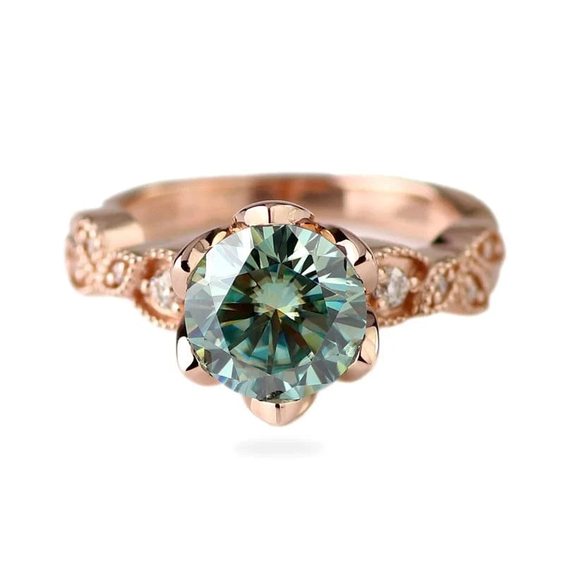 Stylish eternity 10k rose gold engagement ring with 1.5cts light blue round cut moissanite diamond