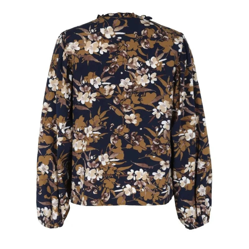 Stylish Floral Notched Balloon Sleeve Autumn Vintage Shirt For Women