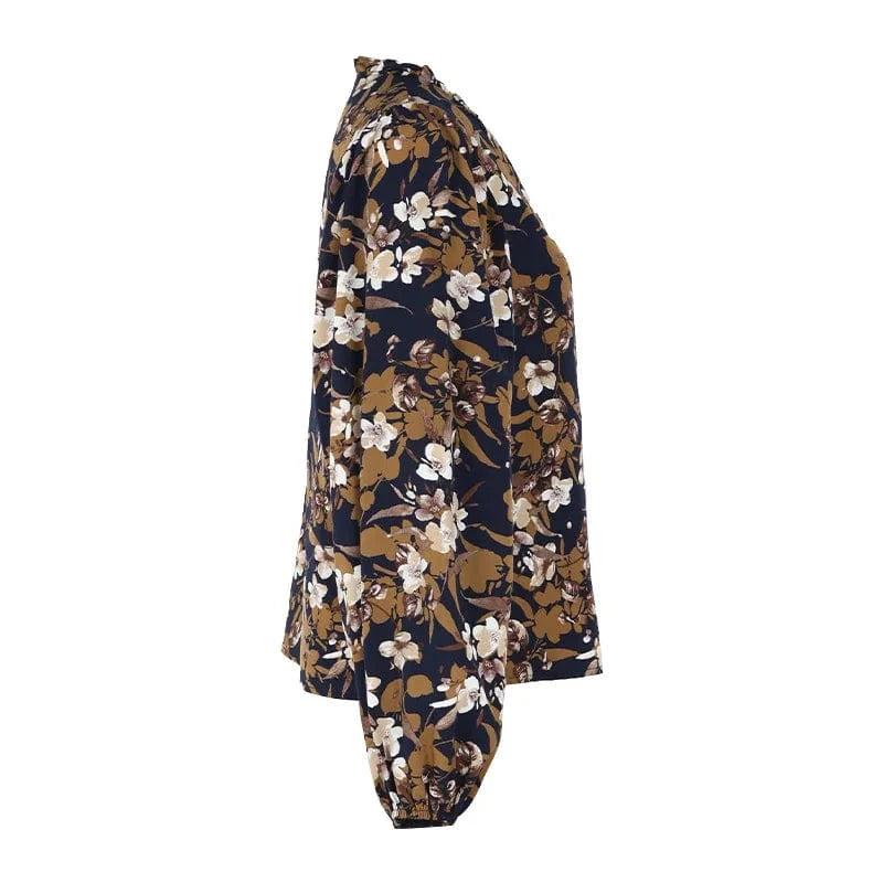Stylish Floral Notched Balloon Sleeve Autumn Vintage Shirt For Women