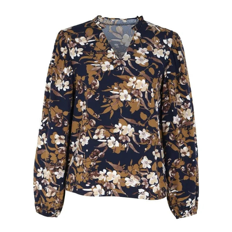 Stylish Floral Notched Balloon Sleeve Autumn Vintage Shirt For Women