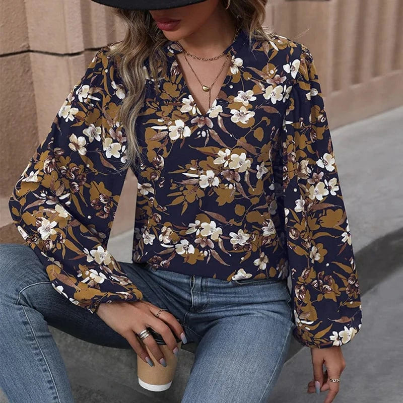 Stylish Floral Notched Balloon Sleeve Autumn Vintage Shirt For Women