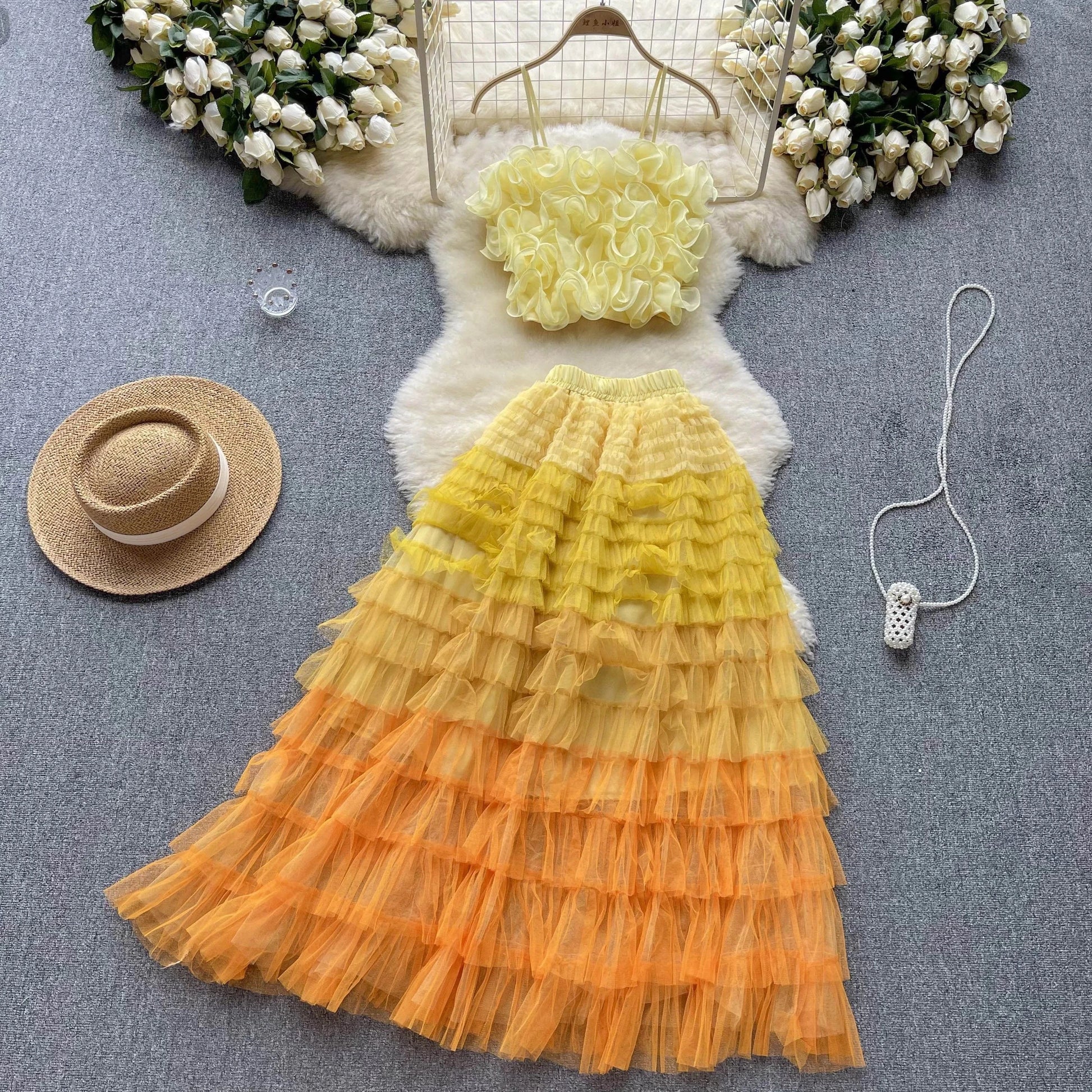 Suit Female Three-Dimensional Flower Net Yarn Suspender Small Vest Fairy Net Yarn Long Skirt Two-Piece Set