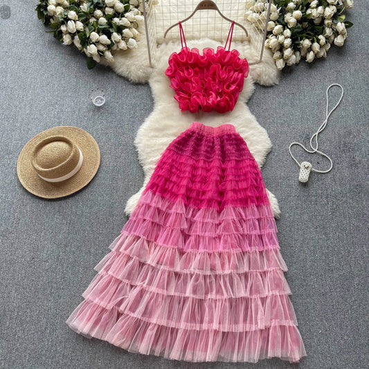 Suit Female Three-Dimensional Flower Net Yarn Suspender Small Vest Fairy Net Yarn Long Skirt Two-Piece Set