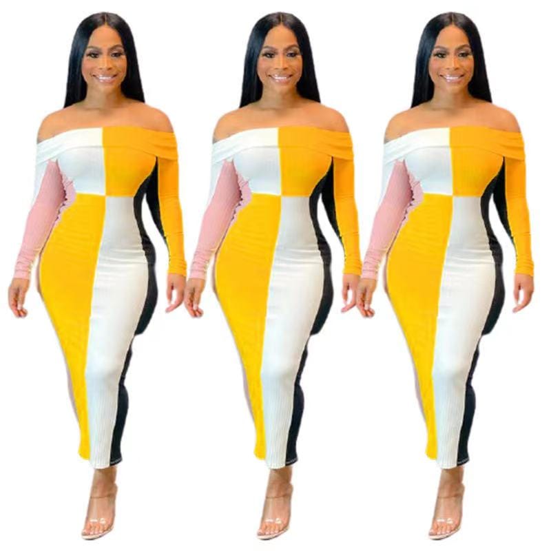 Summer 2022 color block vestidos elegance ladies bodycon midi dress long sleeve off the shoulder long dress