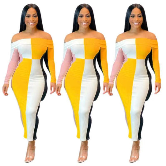 Summer 2022 color block vestidos elegance ladies bodycon midi dress long sleeve off the shoulder long dress
