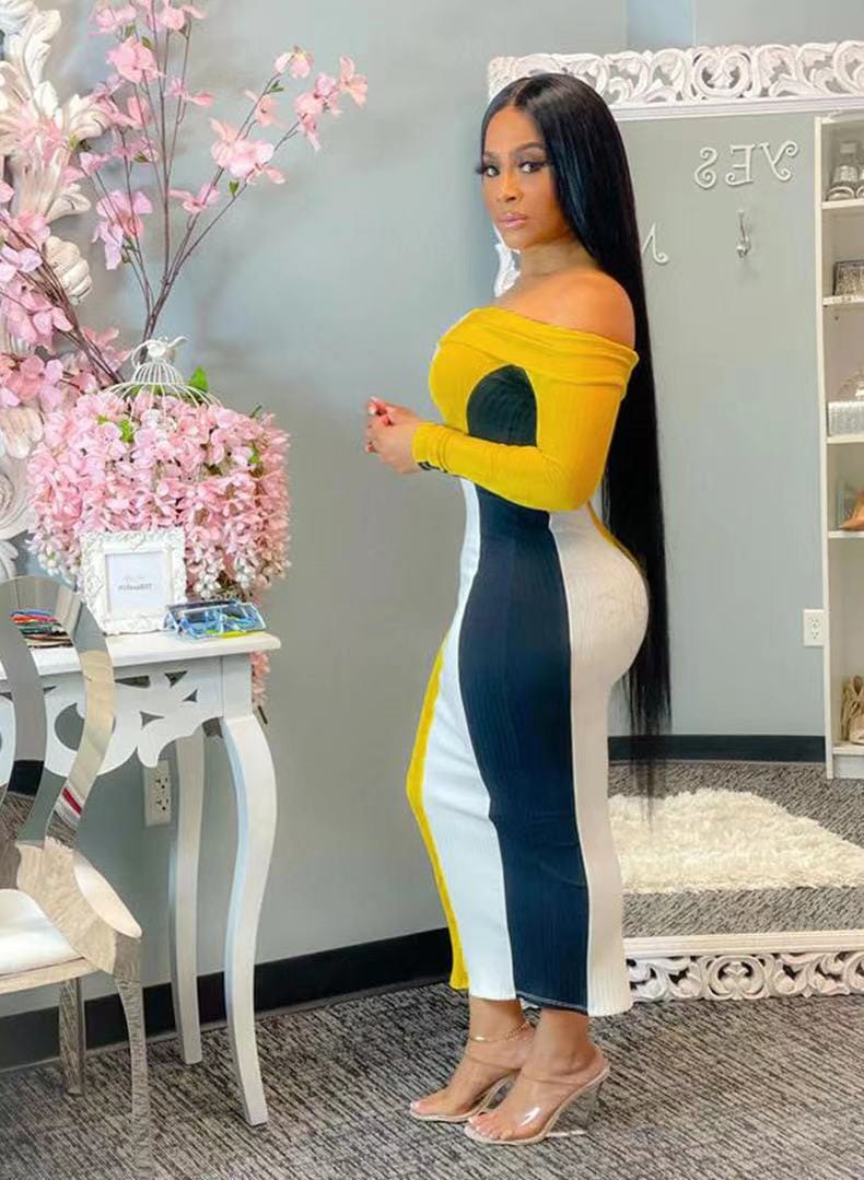 Summer 2022 color block vestidos elegance ladies bodycon midi dress long sleeve off the shoulder long dress