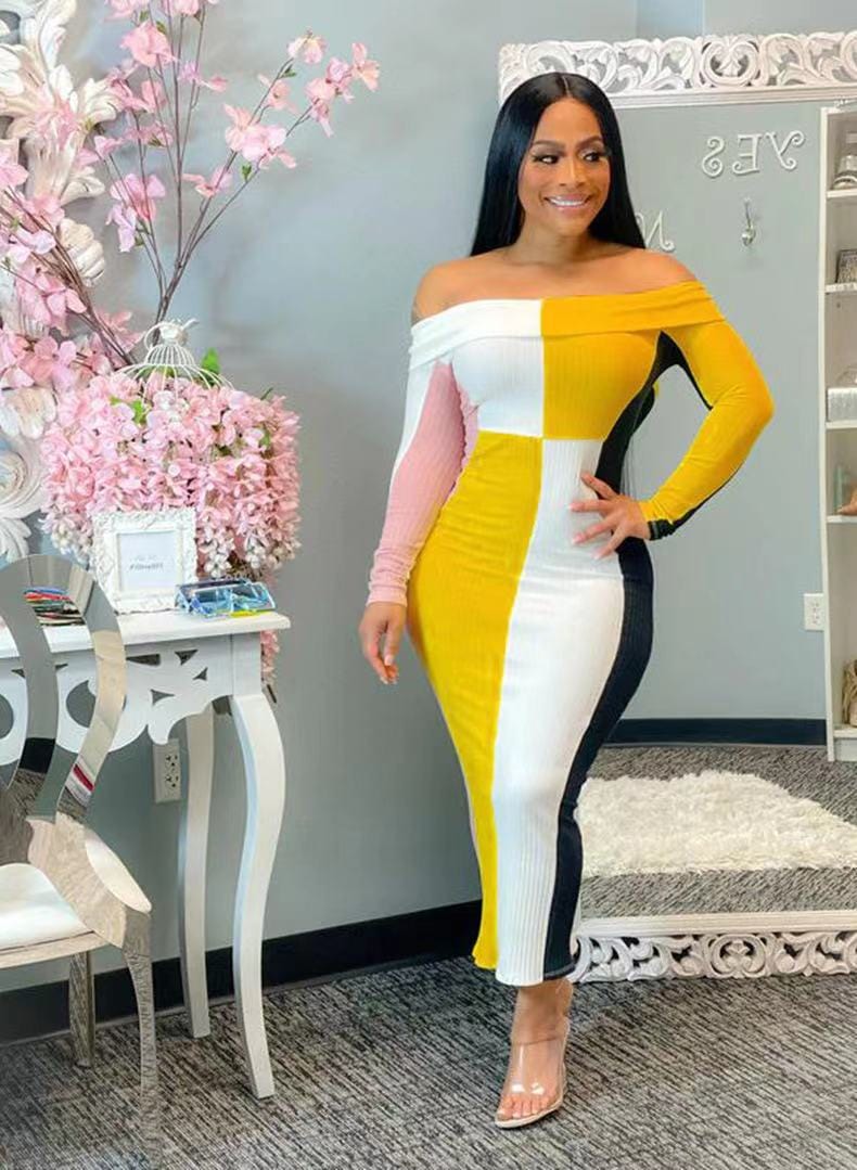 Summer 2022 color block vestidos elegance ladies bodycon midi dress long sleeve off the shoulder long dress