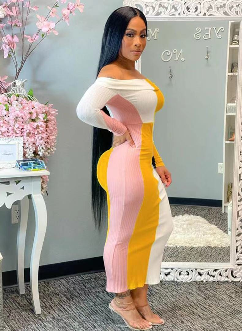 Summer 2022 color block vestidos elegance ladies bodycon midi dress long sleeve off the shoulder long dress