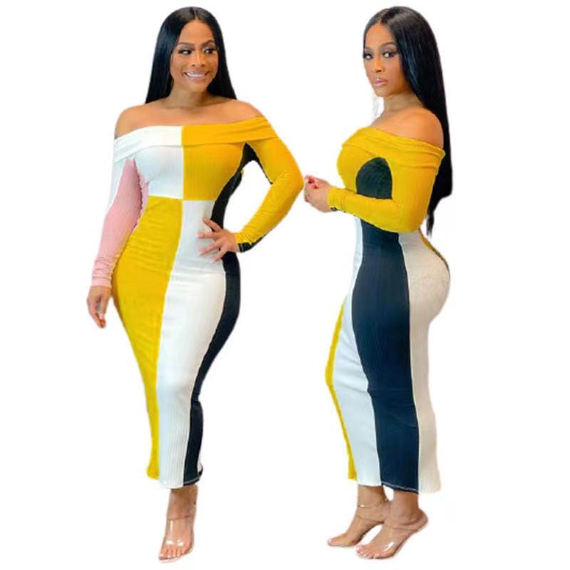 Summer 2022 color block vestidos elegance ladies bodycon midi dress long sleeve off the shoulder long dress