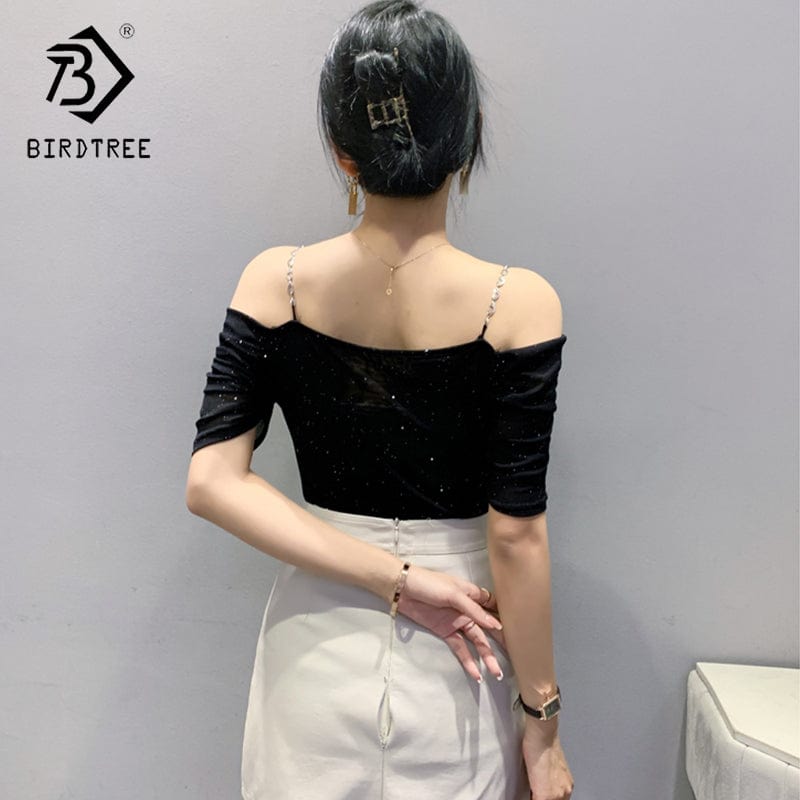 Summer 2022 Sexy T-Shirt Women Chains Straps Off-shoulder V-neck Ruched Women Tops Tees Mesh Short Sleeve New T25501