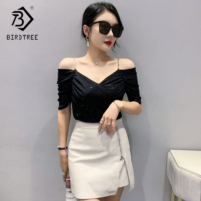 Summer 2022 Sexy T-Shirt Women Chains Straps Off-shoulder V-neck Ruched Women Tops Tees Mesh Short Sleeve New T25501
