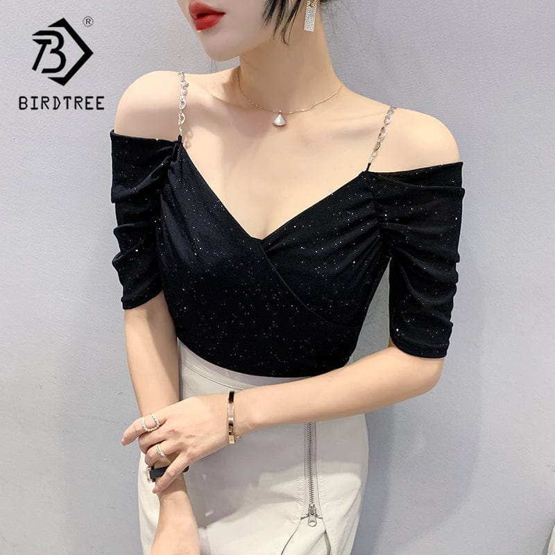 Summer 2022 Sexy T-Shirt Women Chains Straps Off-shoulder V-neck Ruched Women Tops Tees Mesh Short Sleeve New T25501