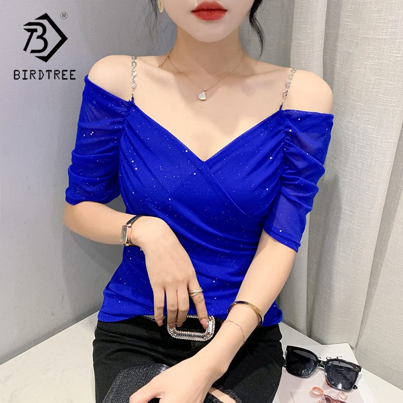 Summer 2022 Sexy T-Shirt Women Chains Straps Off-shoulder V-neck Ruched Women Tops Tees Mesh Short Sleeve New T25501