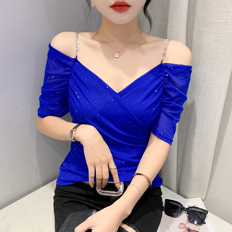 Summer 2022 Sexy T-Shirt Women Chains Straps Off-shoulder V-neck Ruched Women Tops Tees Mesh Short Sleeve New T25501