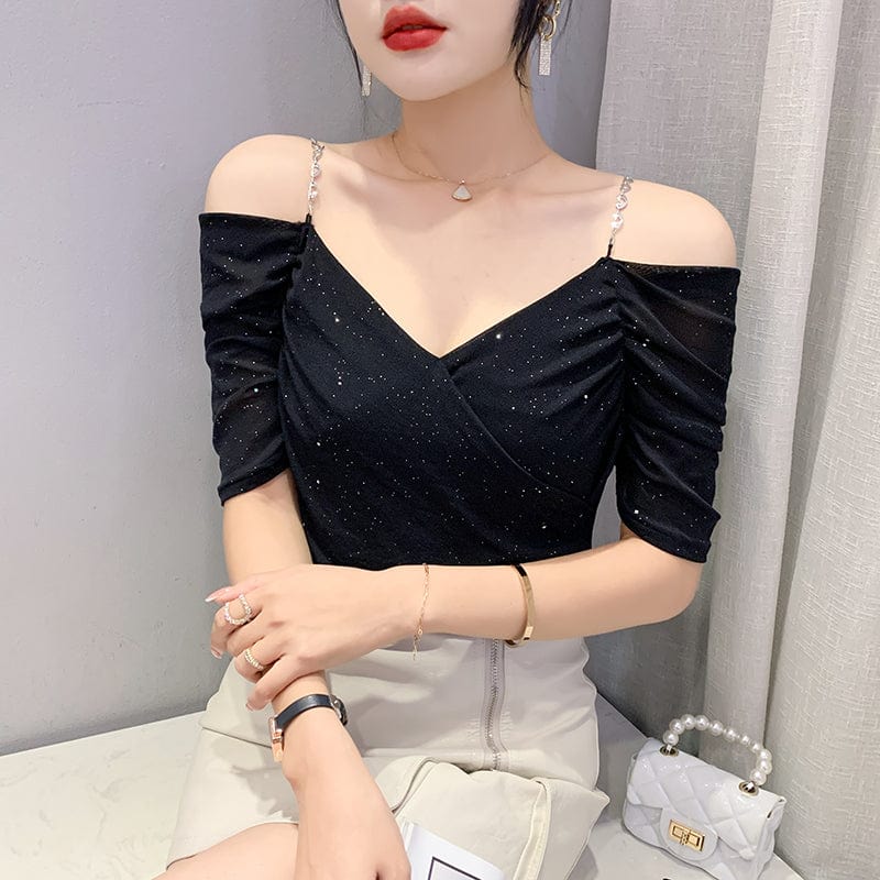 Summer 2022 Sexy T-Shirt Women Chains Straps Off-shoulder V-neck Ruched Women Tops Tees Mesh Short Sleeve New T25501