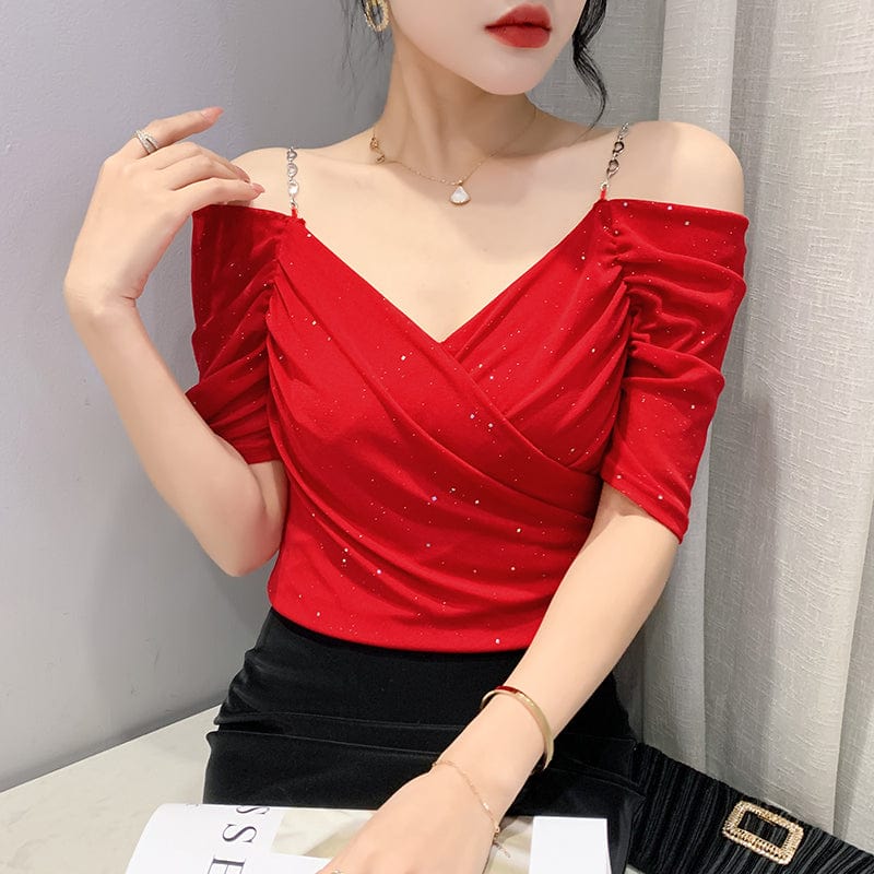 Summer 2022 Sexy T-Shirt Women Chains Straps Off-shoulder V-neck Ruched Women Tops Tees Mesh Short Sleeve New T25501
