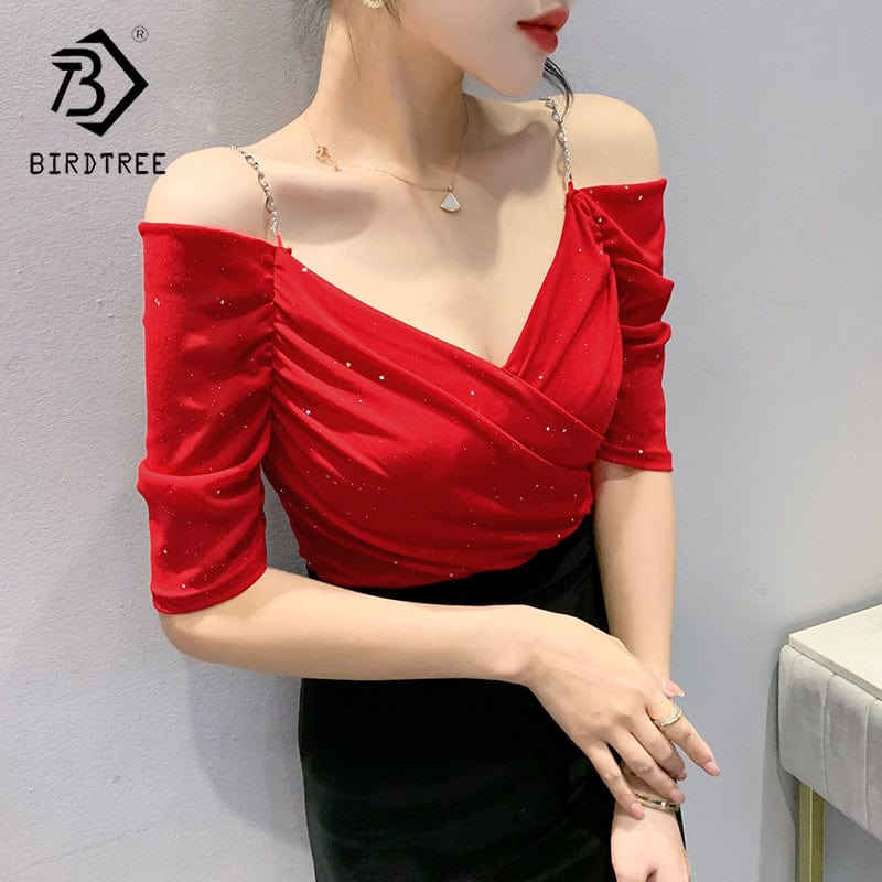 Summer 2022 Sexy T-Shirt Women Chains Straps Off-shoulder V-neck Ruched Women Tops Tees Mesh Short Sleeve New T25501