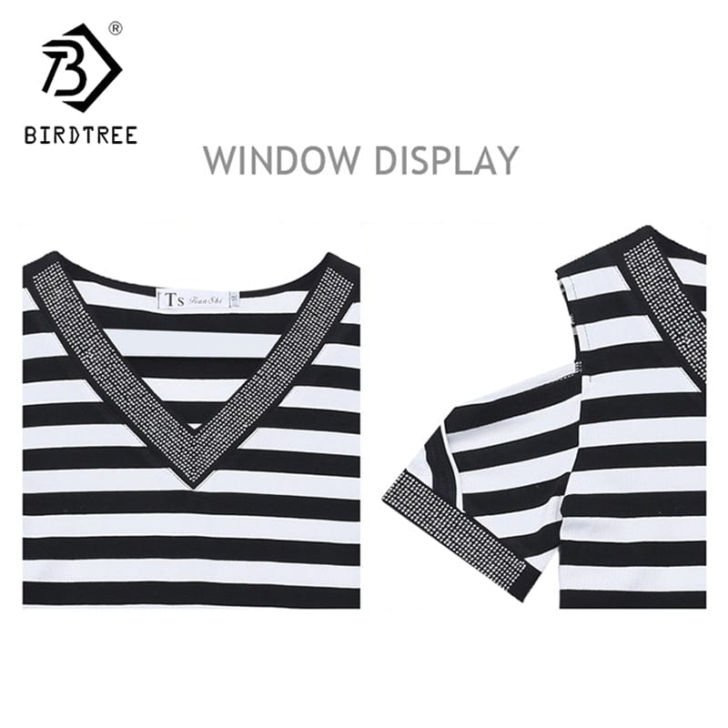 Summer 2022 T-Shirt Women Sexy Off-shoulder V-neck Handmade Diamonds Beading Striped Women Tops Tees Short Sleeve New T25404