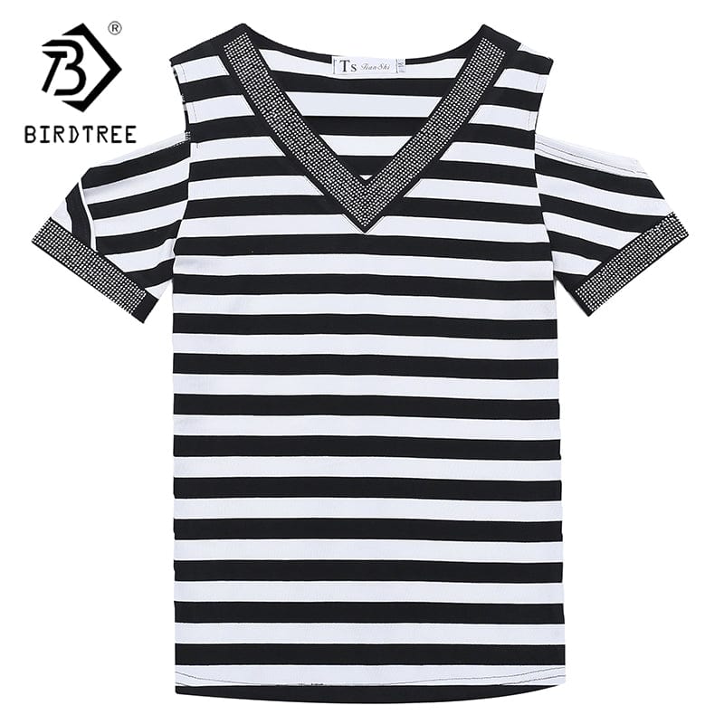 Summer 2022 T-Shirt Women Sexy Off-shoulder V-neck Handmade Diamonds Beading Striped Women Tops Tees Short Sleeve New T25404