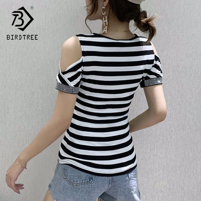 Summer 2022 T-Shirt Women Sexy Off-shoulder V-neck Handmade Diamonds Beading Striped Women Tops Tees Short Sleeve New T25404